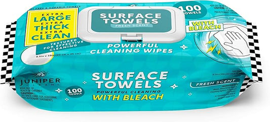 Juniper CLEAN Single Surface Wipes with Bleach, Thick & Large Dispose, All-Purpose Cleaner for Bathroom, Kitchen, Office, 100 Count Soft Flow, Biodegradable, Fresh Scent