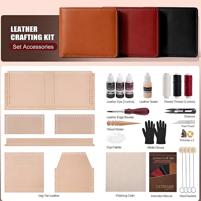 Leather Working Tools-Leather Crafting Kit with Paint Set and Cowhide-Men's Wallet DIY Kit-Birthday Gift for Men,Dad,Boyfriend,Husband-Art and Crafts for Adults-Hobbies for Women and Men