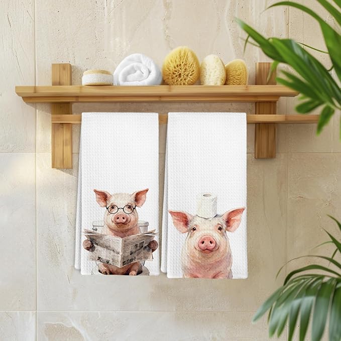 Funny Pig Hand Towels for Bathroom Washroom Decor, Pigs Lovers Gifts Decorative Hand Towels Set of 2, Funny Farm Animals Pig Dish Tea Towels for Kitchen Farmhouse Cabin Decor, 16x24 Inch