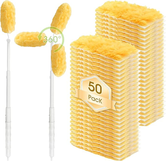 50 Pack Duster Refill Compatible with 1 Extendable Handle, 360 Heavy Duty Duster Kit with 1 Handle, Multi-Surface Disposable Dusters Refills for Cleaning Corner, Furniture, Car, Blinds