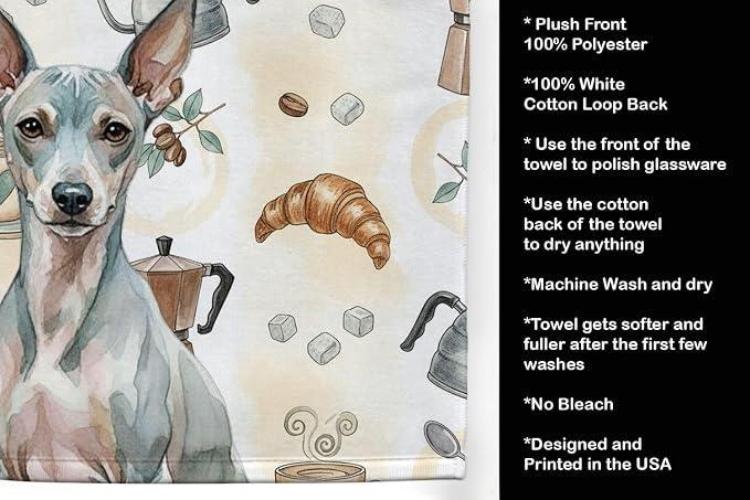 Caroline's Treasures American Hairless Terrier Coffee Bar Kitchen Towel Velour Plush Front and Cotton Loop Back Machine Washable