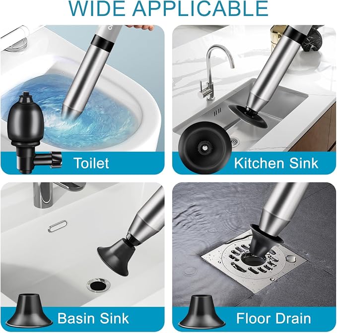 Toilet Plunger Drain Clog Remover: High Pressure Air Drainage Blaster Gun Clog Remover Tool- Stainless Steel Gray Air Plunger for Bathroom, Sink, Floor, Kitchen Clogged