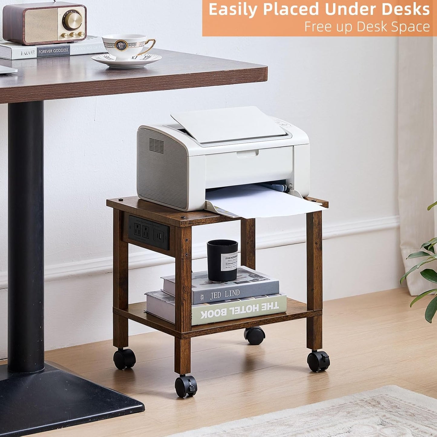 Lerliuo Under Desk Printer Stand with Charging Station, 2 Tier Wooden Small Printer Table with Storage, Rolling Printer Cart Shelf with Lockable Wheels for Home, Office (Brown)
