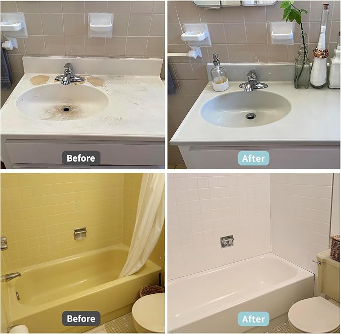 White Waterbased Tile Paint and Tile Refinishing Kit 32.0 Fl Oz, Quick-Dry TilePaint for Wall ，Floor, Sink Bathtub Paint for Bathroom, Kitchen, Toilets, Water Based，50-63sq.ft