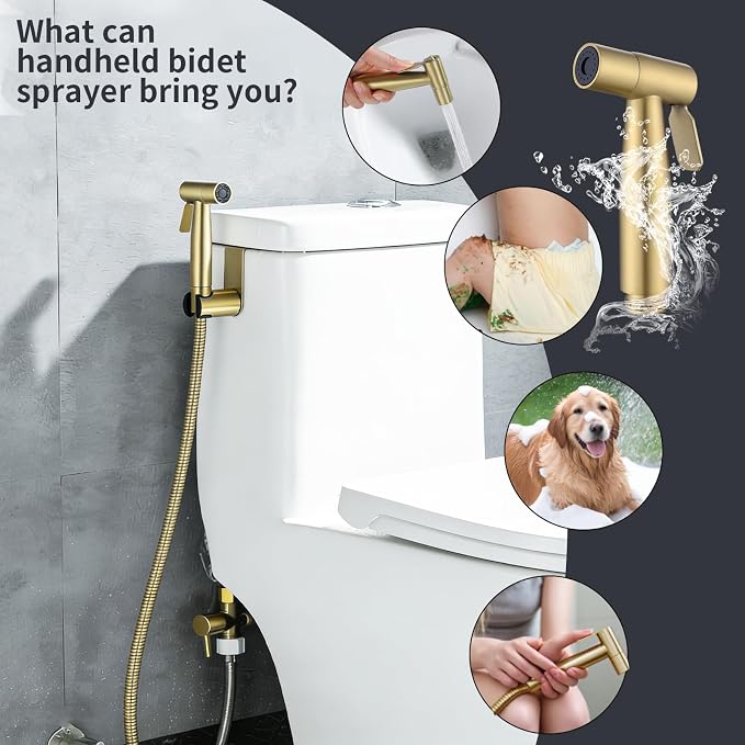 Brushed Gold Handheld Bidet Sprayer for Toilet, Stainless Steel Cloth Diaper Sprayer Kit with Solid Brass T-Valve, Adjustable Water Pressure Bidet Attachment