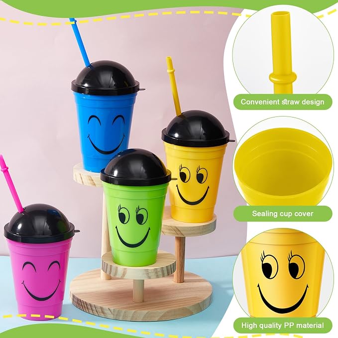 Bokon 50 Pack Smile Face Sipper Cups with Lids and Straws for Kids 12 oz Reusable Plastic Kids Cups with Lids for School Events Birthday Party Supplies, 4 Random Colors