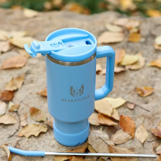 MARAZONE 40oz Stainless Steel Travel Tumbler with Handle, Three-Position Lid, Straw with Silicone Tip, Vacuum Insulated Water Bottle for Hot & Cold Drinks, Great Gifts for Mom, Sky Blue