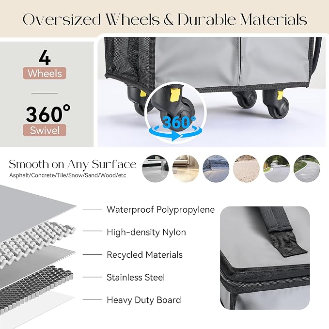 Reusable Grocery Bag on Wheels, Foldable Rolling Duffle Bag, Carry on Luggage Bag with Handle and Zipper Cover for Travel, Lightweight Rolling Tote Shopping Carts (Matte-Grey, Small_41L)