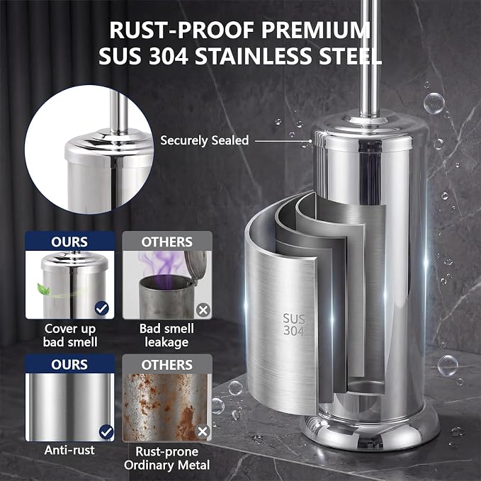 Toilet Brush and Holder Set,304 Stainless Steel Heavy Duty Toilet Brush,Extra Long Handle Toilet Bowl Brush and Holder for Bathroom,Durable,Deep Cleaning,Extra Dense Bristles (Chrome)