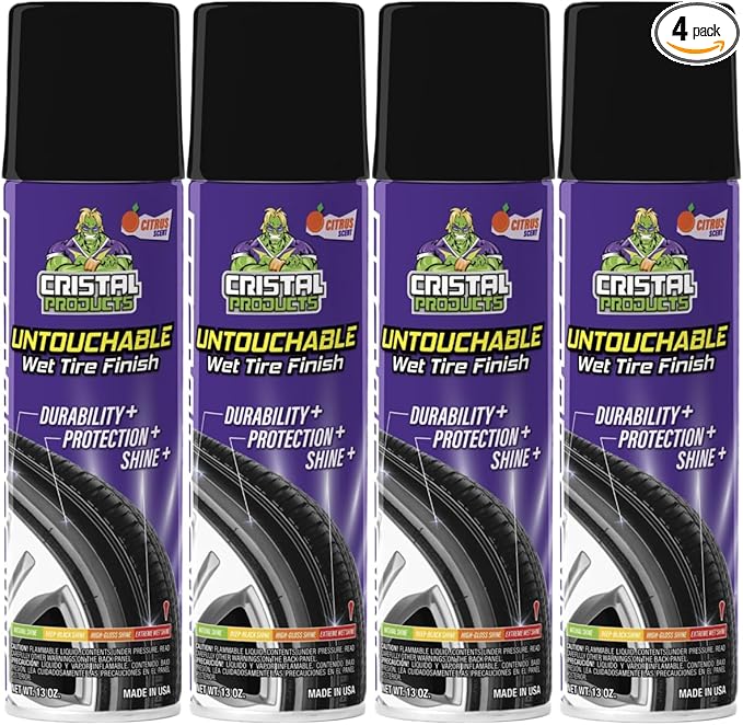 Cristal Products Untouchable Tire Shine Spray (4 Pack) – Citrus Scent, Wet Look Tire Shine, No Sling, Long Lasting Car Tire Shine, No Touch Application