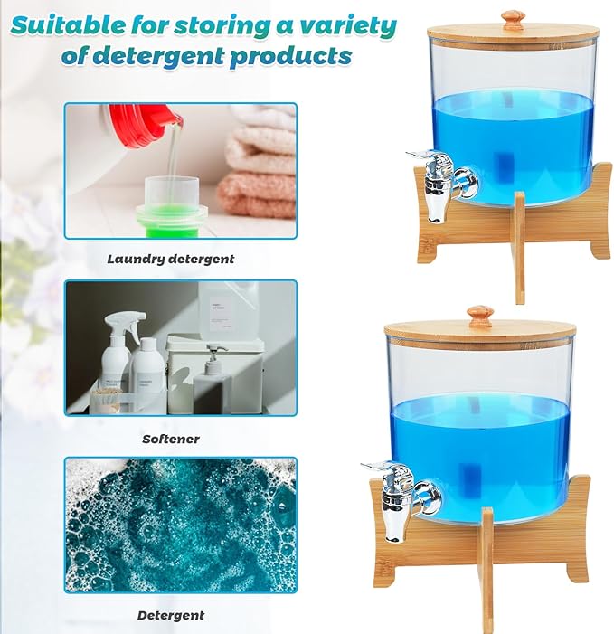 Laundry Detergent Dispenser*2 with Shelf & Bamboo Lid for Liquid Detergent, Laundry Soap Scent Booster & Fabric Softener Dispenser for Laundry Room Organization and Storage with 2 Cups & 20 Labels