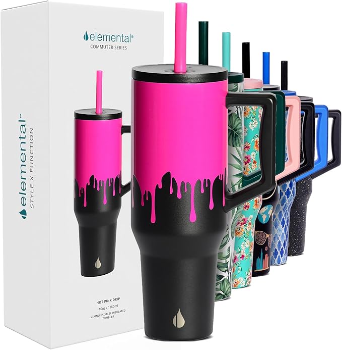 Elemental 40 oz Tumbler with Handle and Straw - Spill Proof Insulated Stainless Steel Commuter for Cold Beverages - Travel Coffee Mug with 2 Straws & Spill Proof Lid - 40oz - Hot Pink Drip