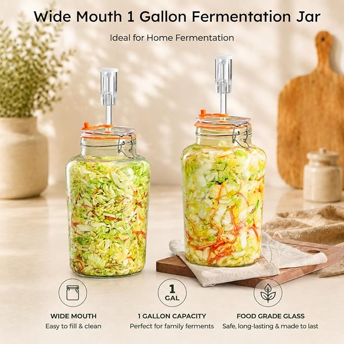1 Gallon Fermentation Jars with Airlocks & Glass Weights, 2-Pack | Self-Burping Airlocks Vent Gas, Glass Weights Keep Food Below the Brine for Easier, More Consistent Homemade Fermentation