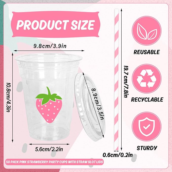 Whaline 50Pcs Strawberry Disposable Plastic Cups with Lids and Straws 12 Oz Pink Summer Fruit Cold Beverage Drinking Cups for Sweet One First Birthday Party Supplies Table Decor