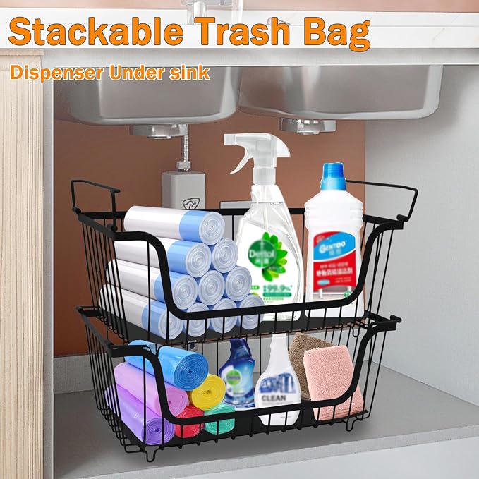 2 Pack Cleaning Supply Caddy and Trash Bag Holder Stand Set,Stackable Wire Storage Baskets,Under Sink Organizer,Cleaning Products Storage Organizer with Handles for Bathroom, Bedroom,Kitchen