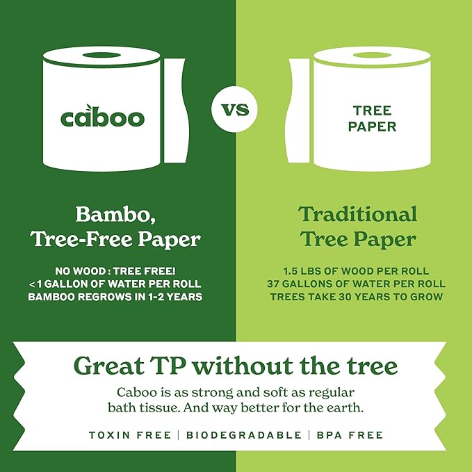 Caboo Tree Free Toilet Paper | Septic Safe, Eco Friendly, Chemical Free, Non Toxic | 2 Ply Toilet Tissue, Pack of 24 Double Rolls, 300 Sheets Per Roll