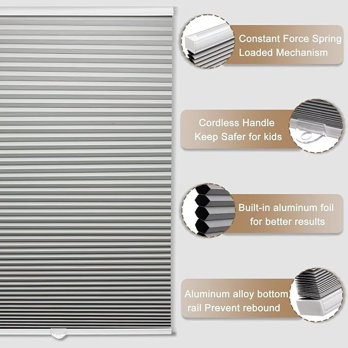 MYshade Cordless Blackout Cellular Shades, 1.5" Honeycomb Window Blinds for Bedroom & Nursery, Thermal Insulated, Noise Reducing, Privacy Shades, Inside or Outside Mount (31" W x 64" H, Grey)