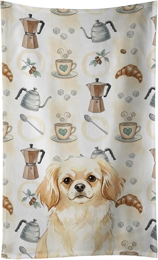 Caroline's Treasures Cream Tibetan Spaniel Coffee Bar Kitchen Towel Velour Plush Front and Cotton Loop Back Machine Washable