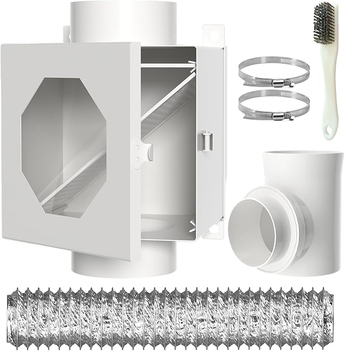 Metal Dryer Lint Trap & Catcher - Indoor Dryer Vent Kit with 90 Degree Dryer Vent Elbow,4" Hose & Clamps - Secondary Lint Box for Electric Dryers - Inline Lint Trap Box with Clear Window