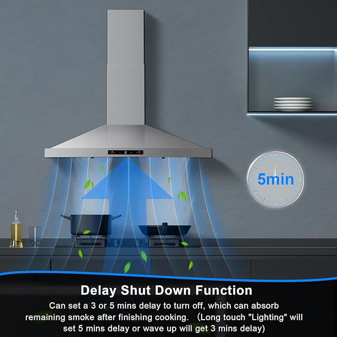 Wall Mount Range Hood 30 inch, Ducted/Ductless Range Hood with Gesture Sensing & Touch Control, Kitchen Hood 30 inch 450CFM, Vent Hood w/Stainless Steel Baffle Filters, 3 Speed Fan