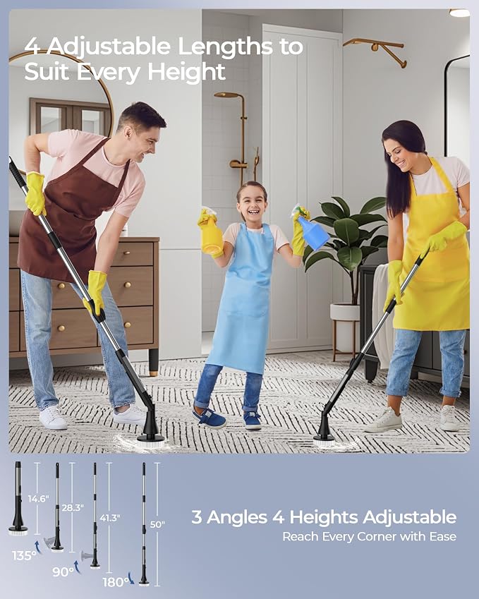 MayKing Electric Spin Scrubber with 9 Brush Heads, 3-Angle & 4-Length Adjustable Cordless Power Scrubber, 3-Speed & Battery LED Display, Electric Scrubber for Cleaning Bathroom Bathtub Floor Tiles
