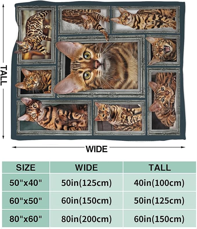 Tijuboni Bengal Cat Throw Blanket Cat Gifts for Girls Boys Women Men Kids Adults Soft Flannel Fleece Blanket for Couch Sofa Bed Home Decor 60"x80"