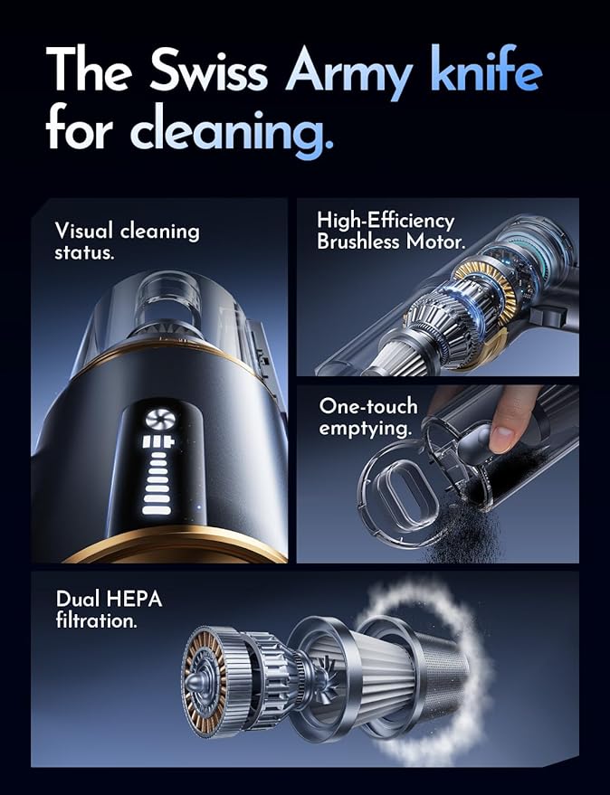 Cordless Vacuum Cleaner, 58000PA Handheld Vacuum Cordless, 9-in-1 Car Vacuum Portable Cordless for Detailing & Pet Hair, Powerful Rechargeable Vacuum Cleaner for Car, Keyboard & Couch.