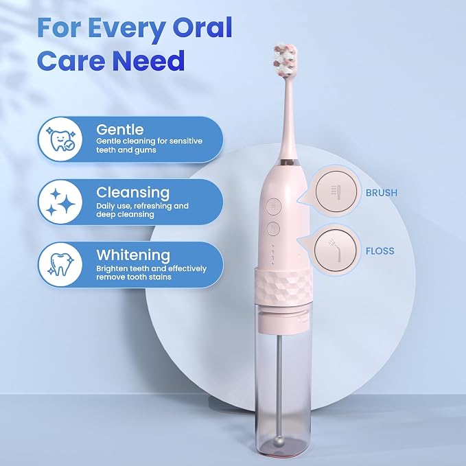 Electric Toothbrush with Water flosser, 2 in 1 Teeth Cleaning Kit, Toothbrush and Water flosser Combo, Travel Toothbrush with Water Bottle(Pink)