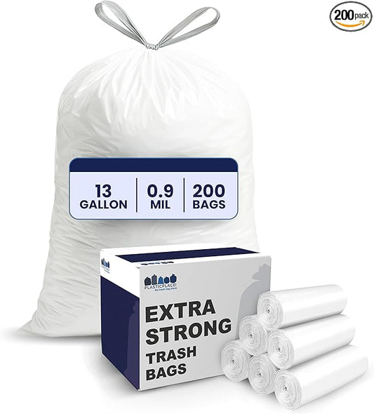 Plasticplace 13 Gallon Trash Bags │ 0.9 Mil │ White Tall Garbage Can Liners │ 24" x 27" (200 Count)