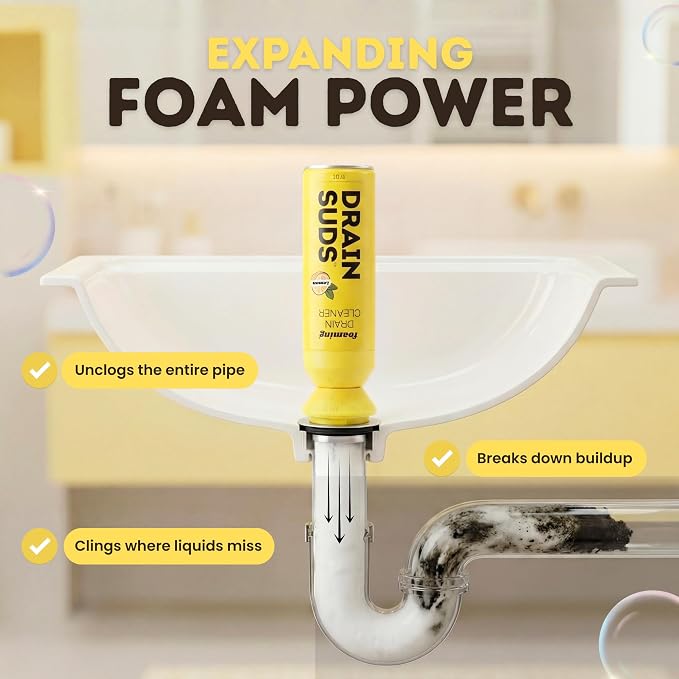 SonicPower Foaming Drain Cleaner, Foam Sink Cleaner and Deodorizer, Drain Clog Remover for Kitchen Sinks, Bathrooms, Garbage Disposals, Shower Drains, Tubs, Washbasin (Lemon (2 Pack))