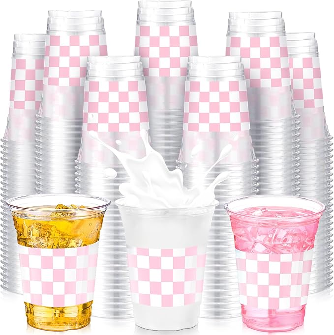 SiliFine 50 Pcs 12 oz Pink Checkered Plastic Cups Clear Disposable Gingham Plaid Party Cups for Racing Theme Birthday Wedding Baby Shower Party Decorations