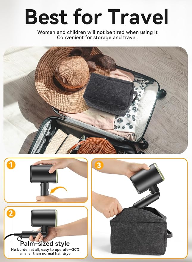Hair Dryer, 150000RPM Ionic Blow Dryer - Fast Drying, Low Noise, Foldable Portable with Diffuser and Nozzle, Compact Mini for Women and Men, Home and Travel (Black)