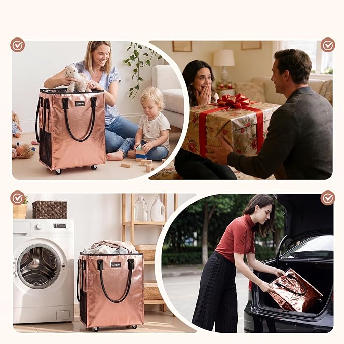 Reusable Hauler Rolling Tote Bag, Collapsible Portable Shopping Bag with Wheels for Groceries, Apartments Laundry, Organization,Heavy Duty Utility Tote Bag for Travel Moving, 75lbs, Rose Gold