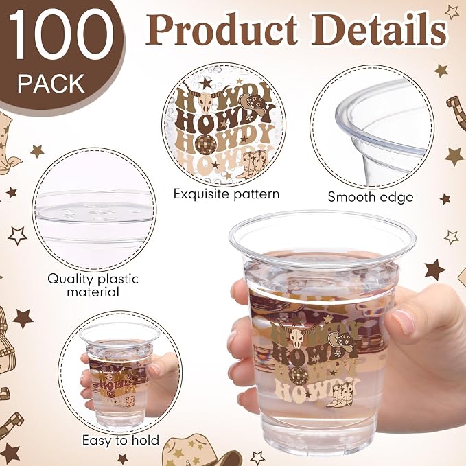 100 Pcs Western Cowboy Plastic Cups 12 oz Brown Howdy Disposable Plastic Cowboy Drinking Cups Bulk for Western Boho Preppy Baby Shower Birthday Wild West Party Decoration Supplies