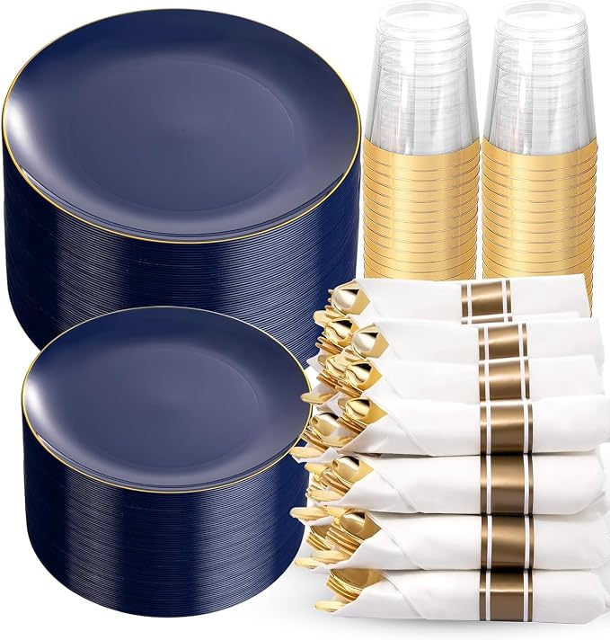 KIRE 350Pcs Blue and Gold Plates -Heavy Duty Navy Blue Dinnerware Set - 100 Plastic Plates 50 Pre Rolled Napkins with Gold Plastic Silverware 50 Cups for Party/4th of July/Wedding