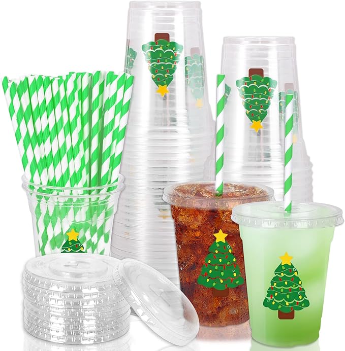 Whaline 50Pcs 12Oz Christmas Disposable Plastic Cups with Lids and Straws Colorful Light Bulb Xmas Tree Cold Beverage Drinking Cups for Holiday Birthday Party Supplies