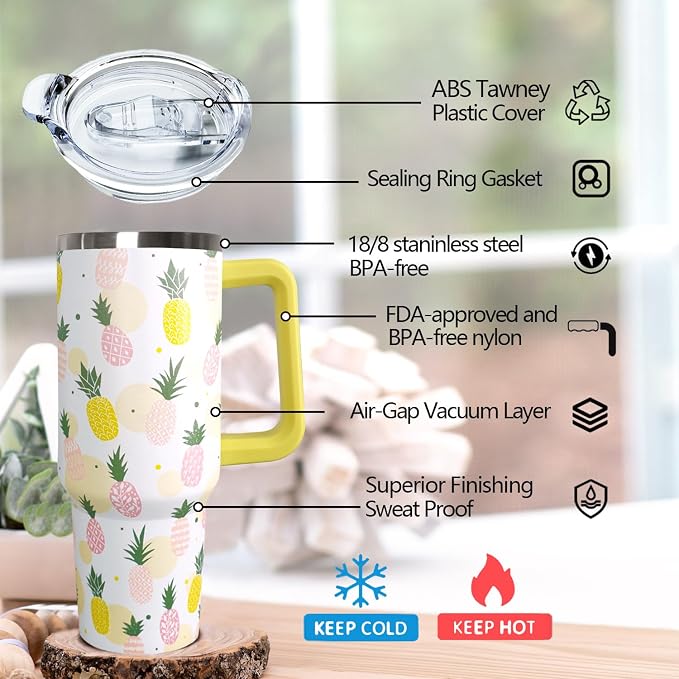 Ceovfoi 40oz Pineapples Coffee Mug Cup Water BottlesTumbler With Handle Lid and Straw,Pineapples Decor Stuff Accessories
