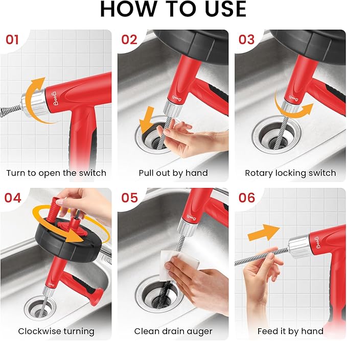 XJX Drain Auger, Plumbing Snake with Drill Adapter, 25FT Flexible Steel Drain Clog Remover, Manual or Powered for Kitchen, Bathroom & Shower Sink, with Gloves and Storage Bag Red