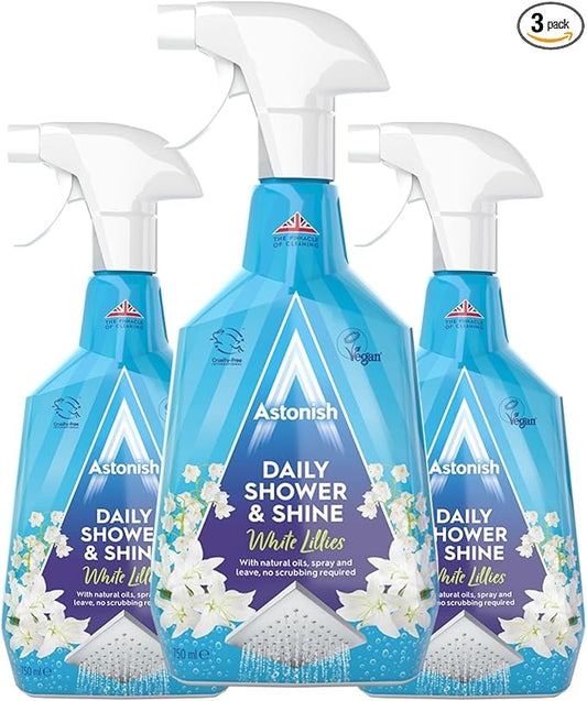 Astonish Daily Shower Shine White Lilies Cleaning Spray 3 Pack - No Scrub After Shower Spray Foam Prevents Watermarks & Buildup - Cruelty-Free Household Cleaning Products,750ml Spray Bottles