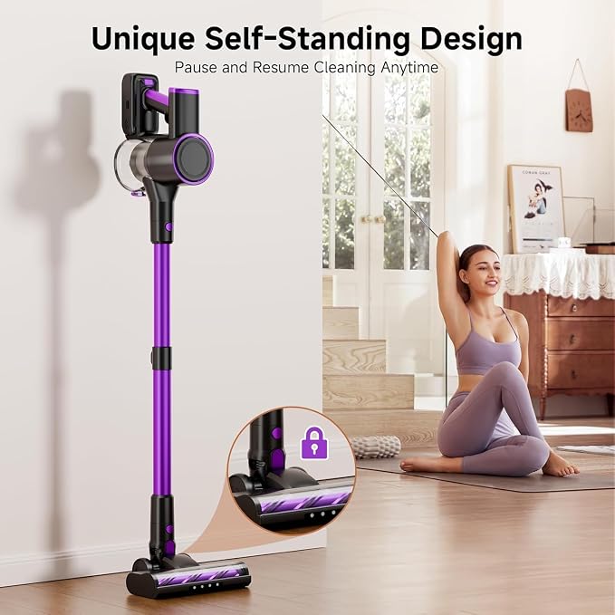 Cordless Vacuum Cleaner, 500W/40Kpa Vacuum Cleaners for Home, Stick Vacuum Cordless with LED Display, Anti-Tangle & Wall Mount, 8 in 1 Lightweight Vacuum for Hard Floors Pet Hair(Purple)