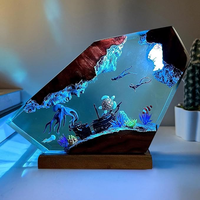 Octopus Ocean Resin Lamp, Handcrafted RGB Ocean Lamp with Wooden Base,Octopus Decor for Bedroom, Scuba Diving Gifts for Him & Her, Unique Birthday & Holiday Gifts for Women (M 8"X5")