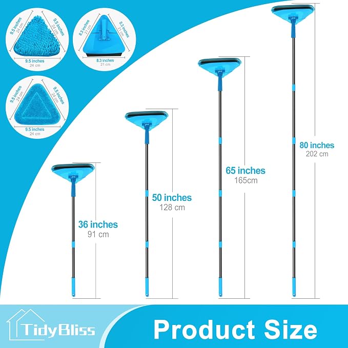 TidyBliss Wall Mop Cleaner with Long Handle 80”, Ceiling Duster Scrubber with 360° Swivel Collapsible Head, Baseboard Cleaning Tool with 4 Chenille and 2 Microfiber Pads for Windows Floor (Blue)