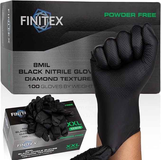 FINITEX Industrial Diamond Texture Nitrile Black Glove - 100/1000PCS Chemical Resistant 8mil Mechanic Disposable Gloves