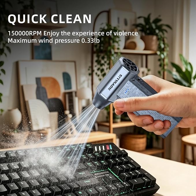 Cordless Compressed Air Duster, 150000RPM Super Power Electric Air Duster, 3-Gear Adjustable Mini Air Blower for Computer, Keyboard, Outdoor, House and Car Cleaning (Silvery)