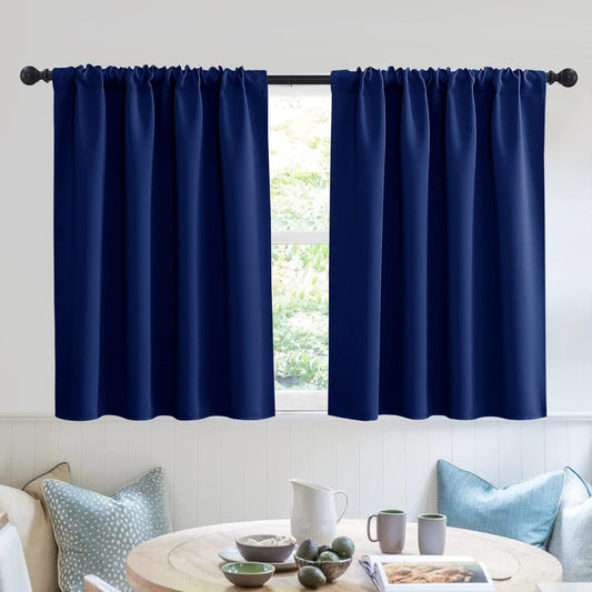 RYB HOME Small Window Tier Curtains, Light Block Privacy Solid Portable Drapes for Kitchen Cabinet Kid Bedroom Basement RV Curtains, Wide 52 x Long 36 per Panel, Marine Blue, 2 Pcs