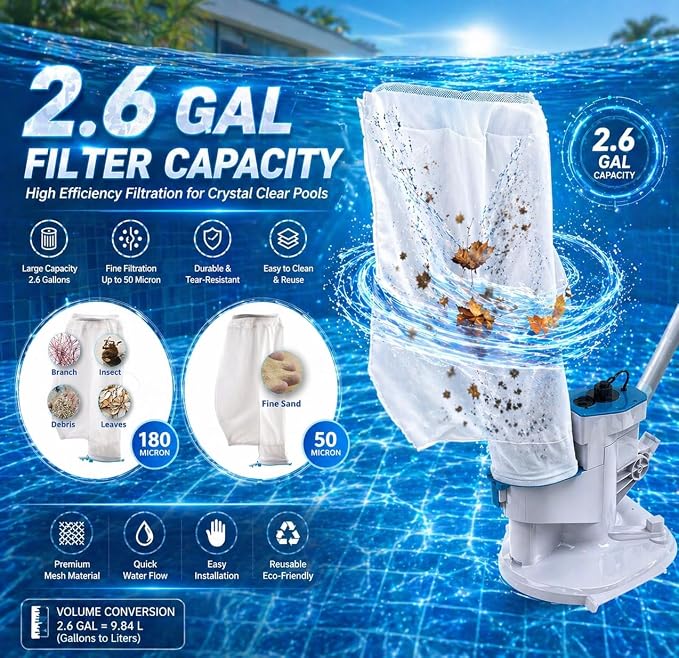 2026 Upgraded Cordless Pool Leaf Vacuum Cleaner with Dual Filter Bags for Above Ground & Inground Pools – Heavy Duty Swimming Pool Vacuum with Pole, 48GPM Strong Suction for Easy Leaf & Debris Removal
