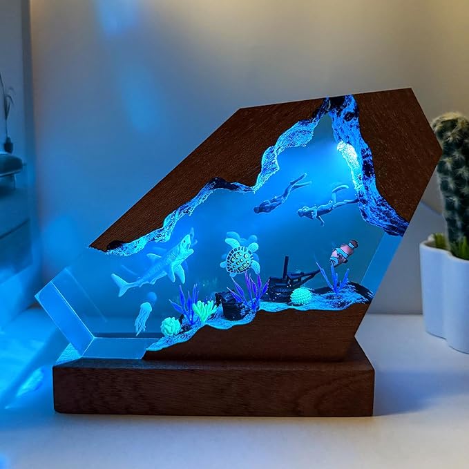 Shark Resin Lamp,USB Powered Resin Ocean Night Light with Wooden Base, Variable Lights,Shark Decor for Home Office, Ocean Enthusiast Collectibles,Unique Valentine's Day Gifts for Him &Her(M 8" x5")
