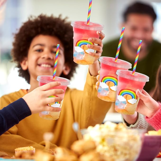 Whaline 50 Pcs 12 Oz Pastel Rainbow Disposable Plastic Cups with Lids and Straws Colorful Cold Beverage Drinking Cups for Birthday Baby Shower Party Supplies