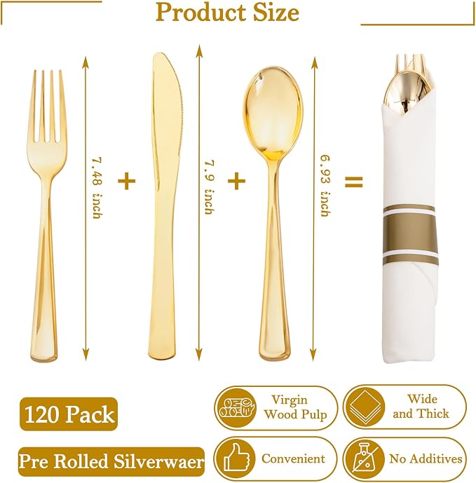 Supernal 120Pack Gold Plastic Silverware Wrapped Plastic Cutlery Set with Napkin,Pre Rolled Napkins with Cutlery Set,Rolled Silverware Disposable For Valentine's Day Mother's Day and Easter