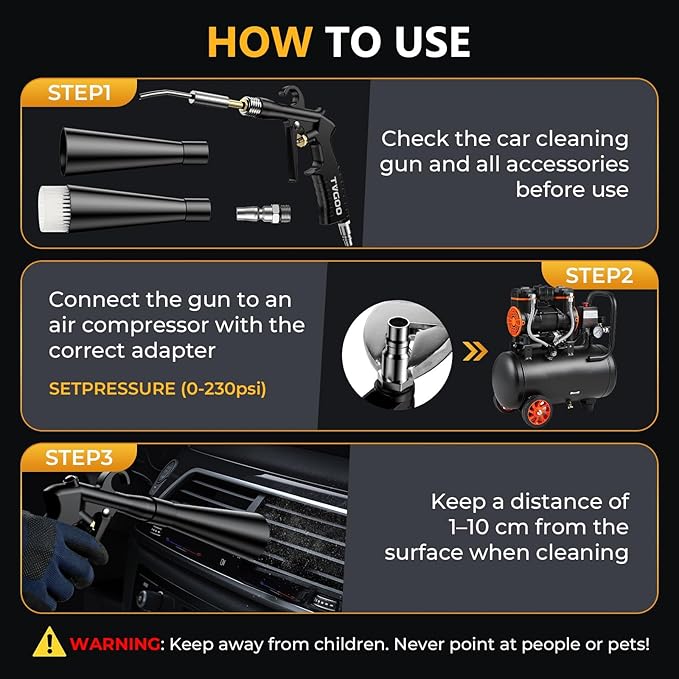 Dry Car Detailing Cleaning Gun – Blast Away Dust & Debris in Seconds & Aluminum Alloy Body with 2 Nozzles for Car Detailing, Home & Garage Use, Works with Any Air Compressor&Father's Day
